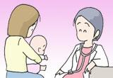 女医さんに赤ちゃんを抱きながら診察してもらっているお母さんのイラスト