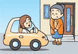 車に乗った女性と玄関前に立っている女性のイラスト