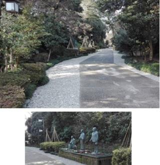 上1枚目：砂利道と舗装された箇所が分けられている木々に囲まれた道の写真、下2枚目：木々の手前に3人の銅像が建っている写真