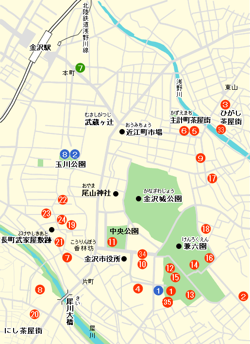 金沢市内中心部にある施設の分布図