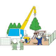 公園にクレーン車で持ち上げられた樹木を下す作業員のイラスト