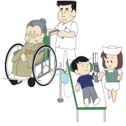 老人の乗る車いすを押す福祉士や血圧を測る看護時のイラスト