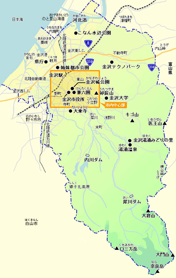 山や主要道路、大学や観光地などの場所が記載されている金沢市全体地図画像