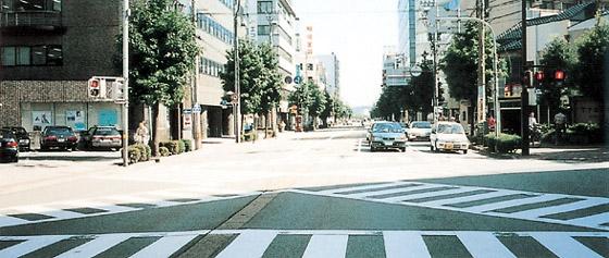 三叉路の中央にある横断歩道と赤信号で停車中の乗用車を撮った写真