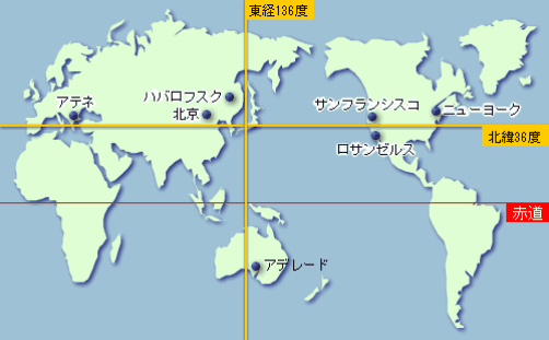 世界地図に金沢市の緯度（北緯36度）経度（東経136度）の黄色い線が引かれており、各世界近い都市の名前が記載されている地図