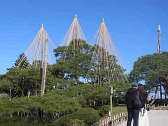 松の木を放射線状に吊るした雪吊りを、2名の観光客が見ている写真