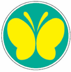 エメラルドグリーン色の円に黄色い蝶が描かれている聴覚障害者標識