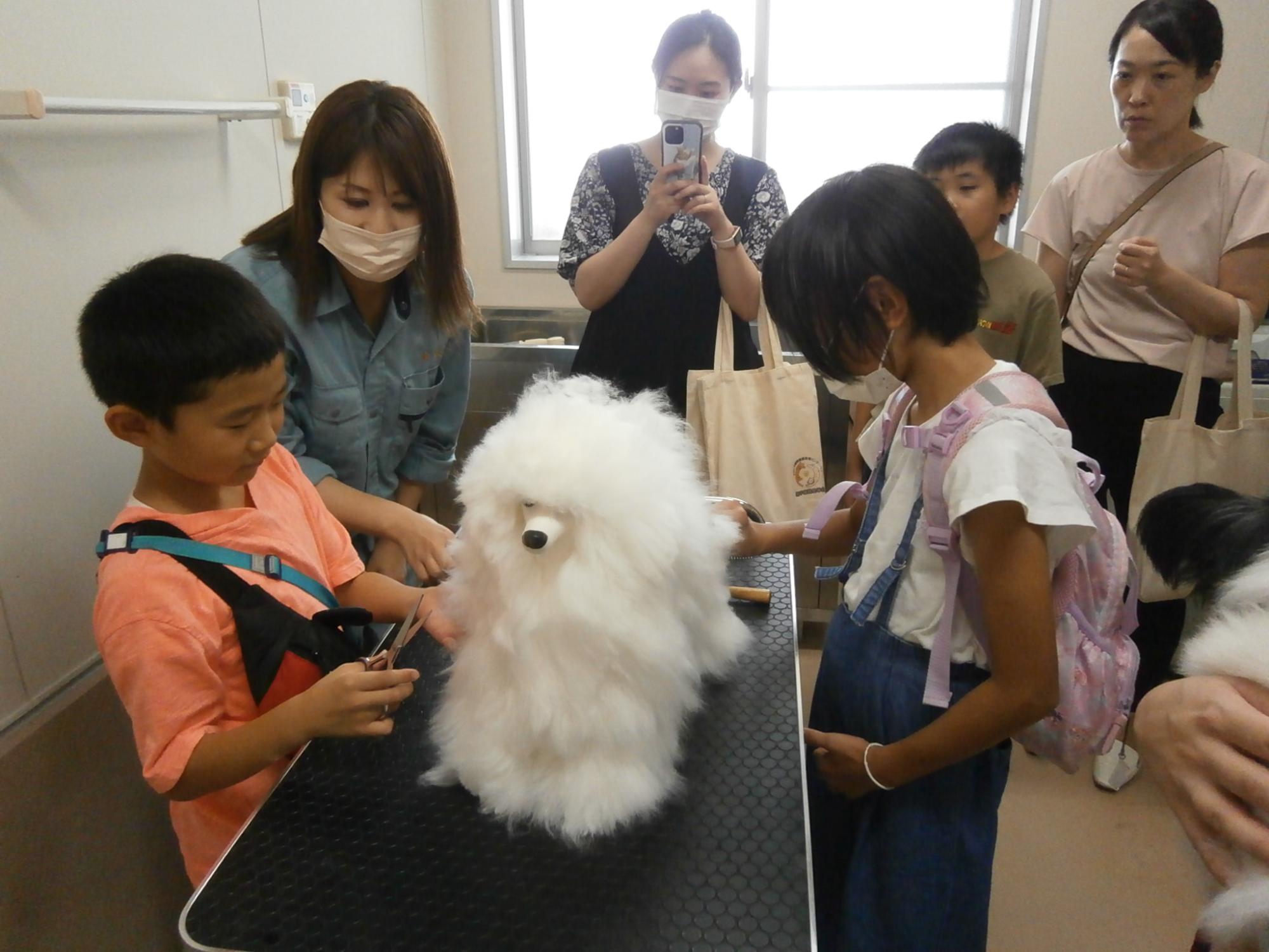 トリミング用のマネキンを使ってカット体験をする小学生の写真