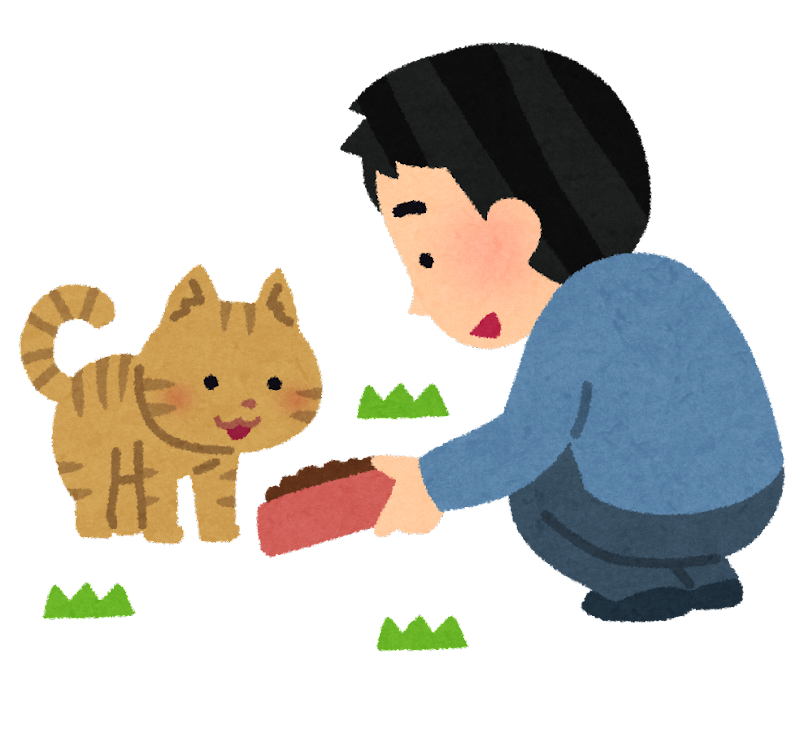 男の子が猫に餌をあげているイラスト