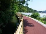 右側に草木があり、その横に川が流れ、赤茶色の歩道に木の柵がたてられている写真