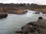 川岸に大きな岩場がある犀川の写真