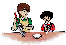 女の子がお母さんと一緒にフライパンやお皿についている油汚れを紙などでふいているイラスト
