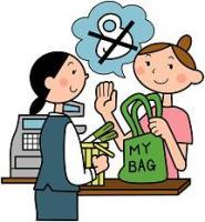 買い物に来ている女性がレジにてマイバックを手にレジ袋を断っているイラスト