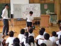 生徒たちが座っている前に代表の男の子が立ちホワイトボードを使いながら説明をしている写真
