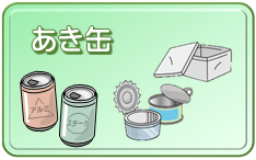 「あき缶」の文字と、アルミ缶、スチール缶、缶詰の缶などのイラスト(あき缶(資源回収) (注意)月2回収集のページへリンク)