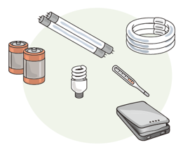 乾電池、体温計、蛍光灯などのイラスト