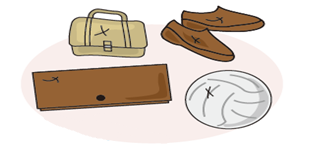 革製品のカバン、靴、財布、ボールのイラスト