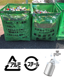緑の四角いゴミ箱に空き缶などが入っている写真とアルミ、スチールのマーク