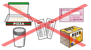ピザの空き箱、レシート、紙コップ、発送伝票、缶ビールの包装紙のイラストの上に赤でバツがされているイラスト