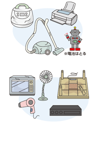 壊れたロボットのおもちゃ、掃除機、こたつ、扇風機などの画像