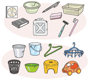 CD、洗面器、ポリタンク、カミソリ、歯ブラシ、ポリバケツ、ハンガー、おもちゃなどプラスチック類のイラスト
