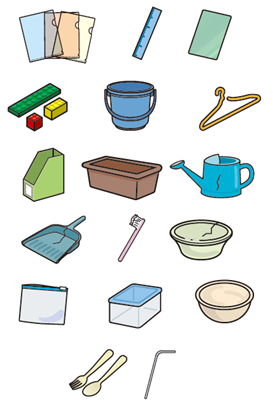 例えば、クリアファイル、定規、下敷き、電気・電池を使わないおもちゃ、バケツ、ハンガー、ファイルスタンド、プランターなど