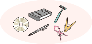 CD、ビデオテープ、ボールペン、かみそり、洗濯ばさみなど資源対象外のプラスチック類のイラスト