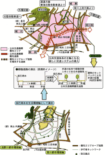 中央地域への主な交通体系の地図