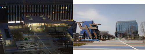 左側には、夜間にライトアップされた金沢駅西広場前の写真と右側には日中に撮影されたモニュメントが建つ西広場の写真