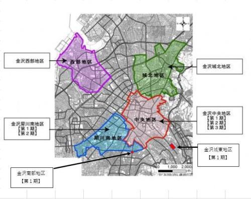 都市再生整備計画事業が実施されている6つの地区の地図