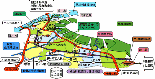 駅や公園などの場所が示されている南部地域の地図