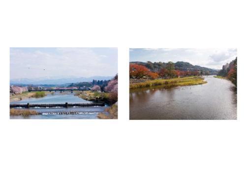 左：大きな河川敷の両側に、樹木や満開の桜の木が咲いている写真。右：山並みの中央を流れる川沿いの河川敷の樹木が紅く色づいている写真