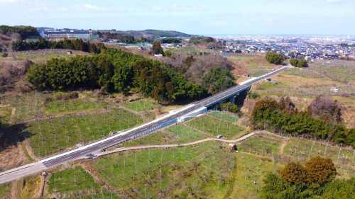 田んぼや畑の間を通る大谷橋の写真