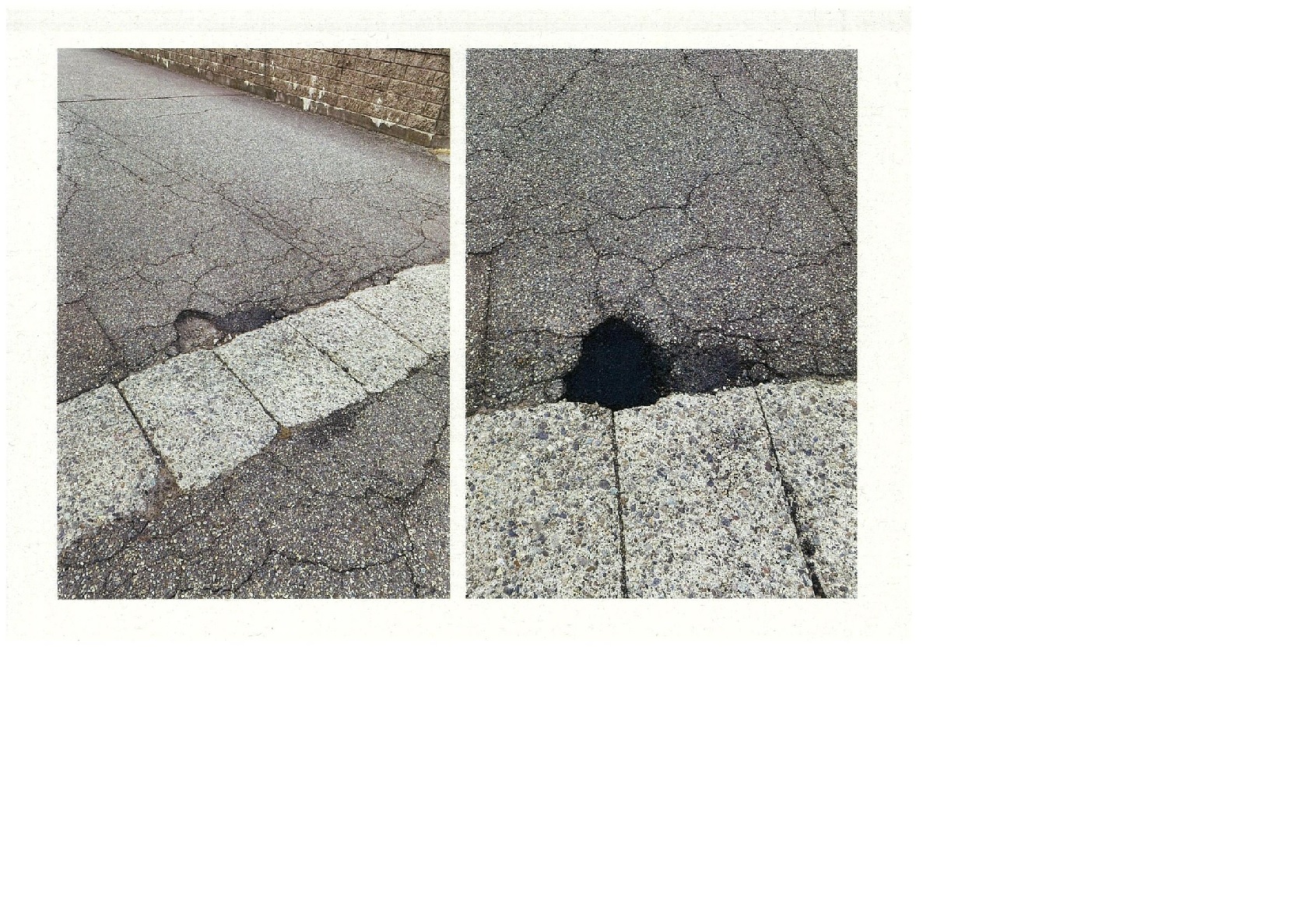 道路舗装の剥離と剥離によりできた穴