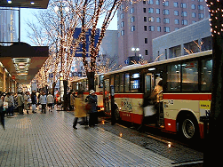 暗くなりかけた時間帯で、街路樹のイルミネーションの明かりが灯り、バス停に停まっているバスに次々と人が乗り込んでいる写真