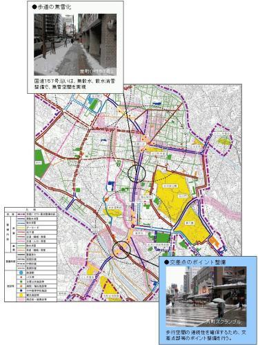 歩道の無雪化の箇所と交差点のポイント整備を示した地図