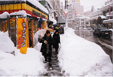歩道の左右に高く積もった雪があり、その狭い間を傘をさした通行人が一列になって歩いている写真