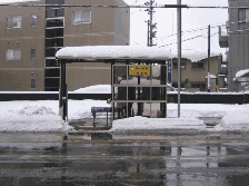 バス停の屋根に雪が積もり、周りに雪が堆雪されている写真