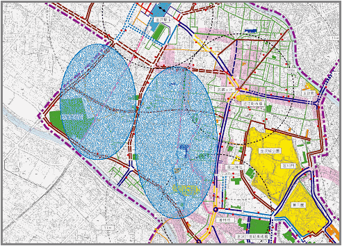 住民と連携して除雪を行う住区内が青いまるで囲まれている地図