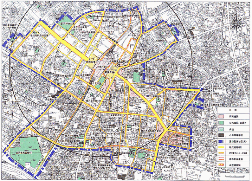 JR金沢駅周辺における重点整備地区及び特定経路の地図
