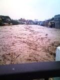 住宅地まで一面濁流が流れ込み、激しく流れる川の写真