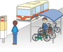 バス停の傍に駐輪場が設置されているサイクル＆ライドのイラスト