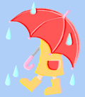 黄色い長靴とカッパに赤い傘をさして雨に濡れているイラスト