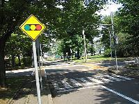 標識とその奥に横断歩道がある神田交通公園内の写真