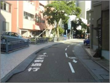 道路に左側通行と書かれたせせらぎ通りの自転車走行指導帯の写真