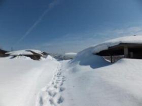 キゴ山から見た雪に埋もれる『銀河の里』野外炊飯場の様子を撮影した写真