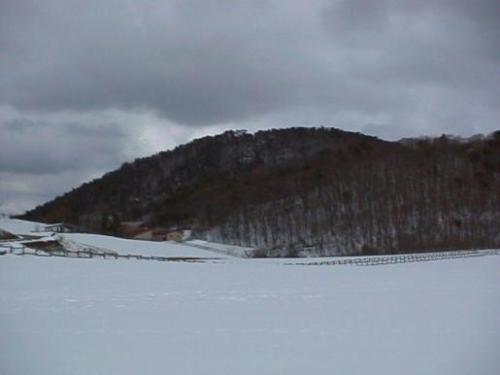 平成15年3月12日に撮影された牧草地に雪が積もっている様子のキゴ山の写真