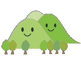 黄緑や緑の木々に囲まれた黄緑と緑の連なる山のイラスト画像（定点観察で見るキゴ山の四季へのリンク）