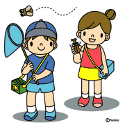 網を持ち虫かごをぶら下げている男の子と虫かごをぶら下げている女の子が一緒に写っているイラスト