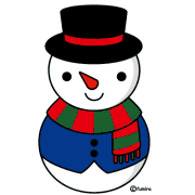 黒い帽子をかぶり赤と緑のマフラーを付けた青い服の雪だるまのイラスト（冬のキゴ山へのリンク）